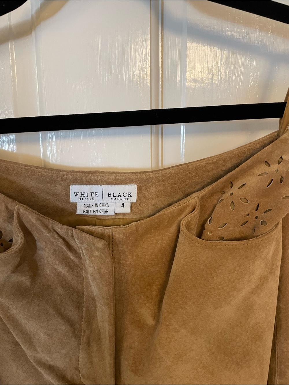 WHBM White House Black Market Tan suede pants with laser cut back yoke details